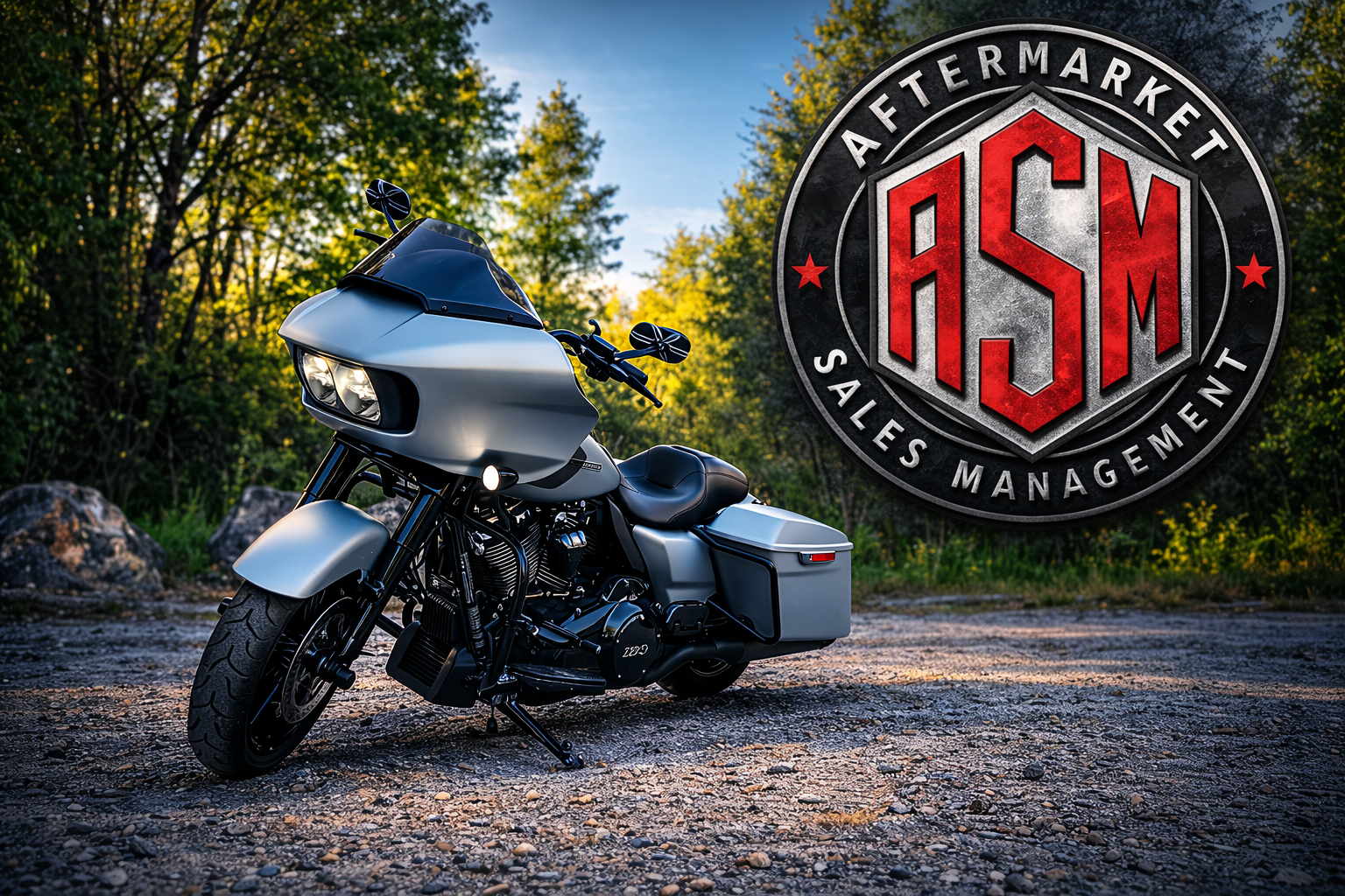 Harley-Davidson Road Glide with an Aftermarket Sales Management emblem